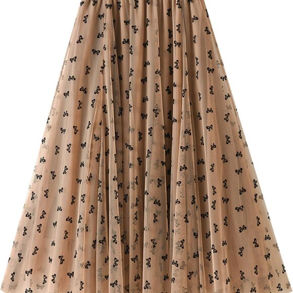 Whimsical Women's A-Line Tulle Midi Skirt with Fairy Pattern - Bowknot Khaki - Picture 1 of 5